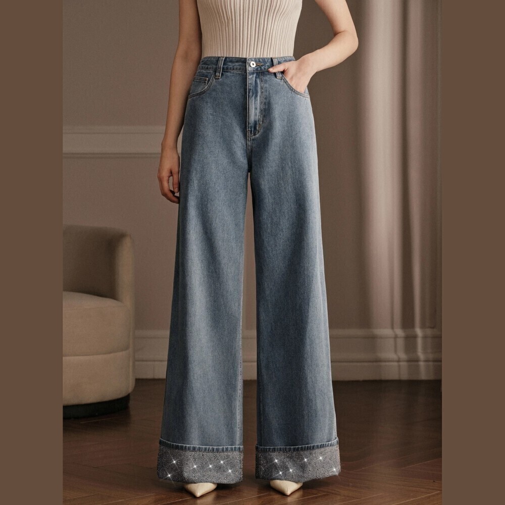 Medium Wash Denim Rhinestone Cuffed Hem Wide Leg Long Jeans
